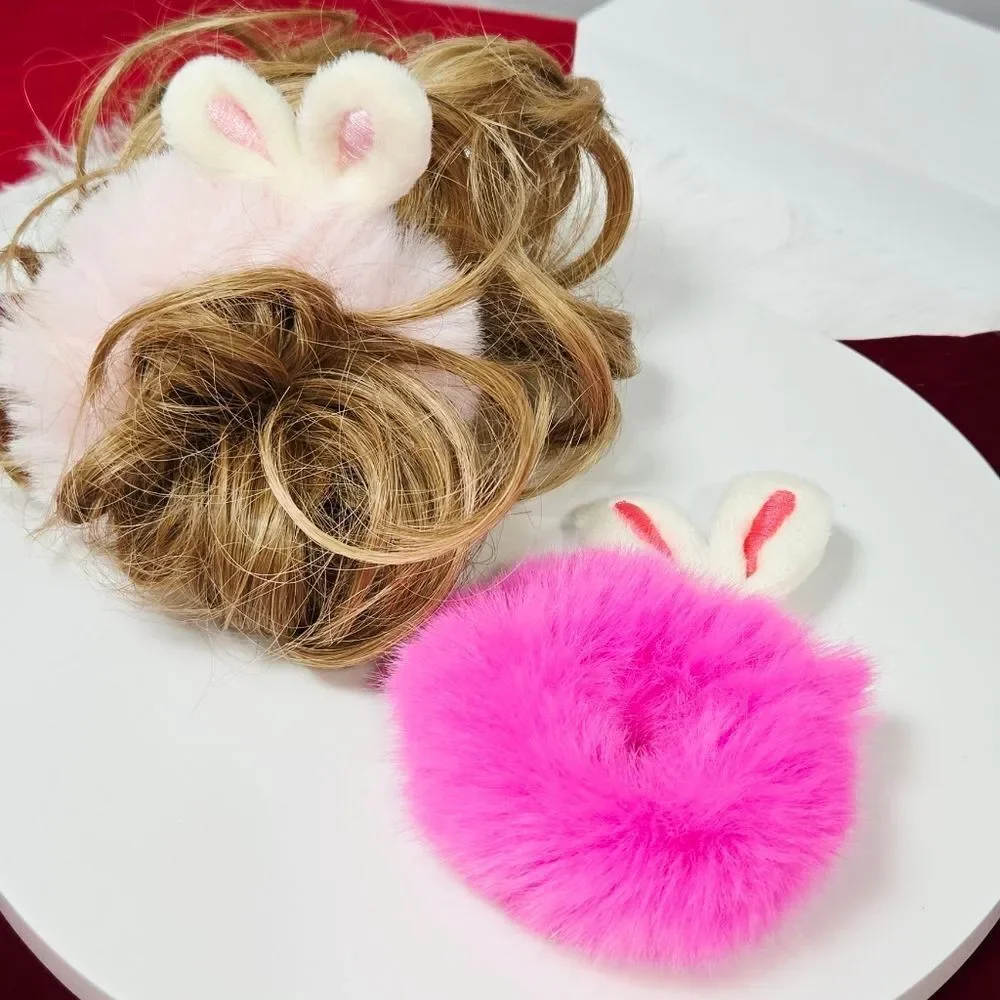 Fluffy Bunny Ear Hair Ties Pink Barbiecore Faux Fur Rabbit Set 2pc Scrunchies